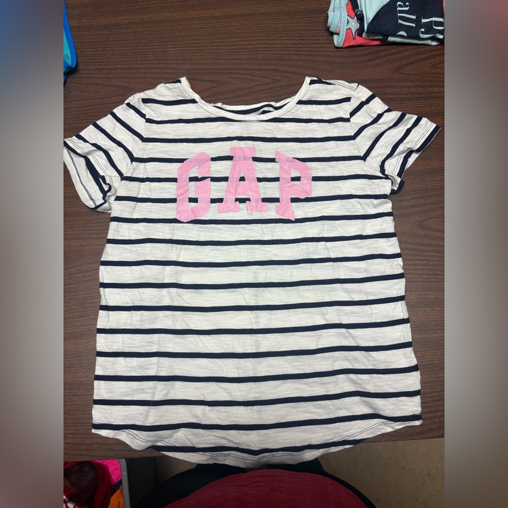 GAP Kids Navy and White Striped Tee with Pink Logo